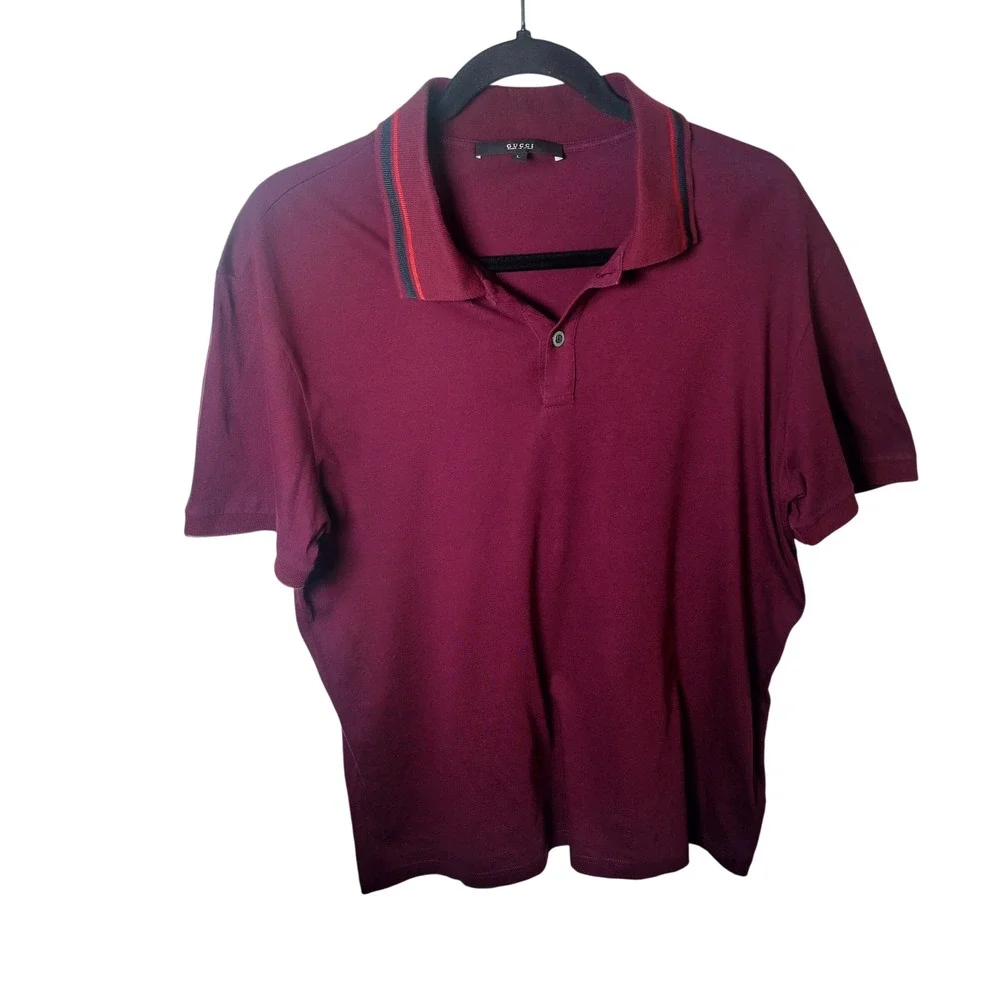 Gucci Mens Burgundy Cotton Web Stripe Collar Polo Shirt 269119 X3431 Size L